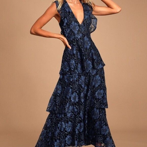 New Lulus Molinetto Floral Lace Ruffled Maxi Dress 3X Navy - Picture 4 of 16